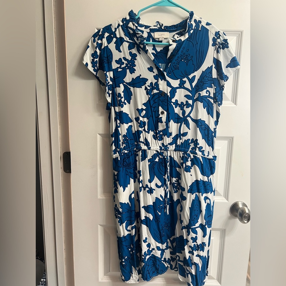 LOFT Blue and White Flutter Sleeve Sundress
